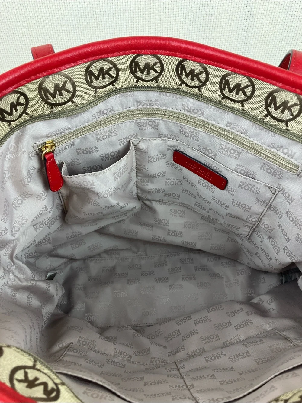 Michael Kors Montauk Large Tote Bag Beige Monogram Red Leather Trim